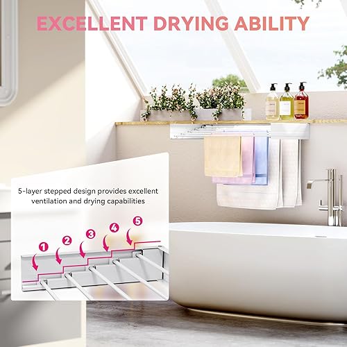 Miniatura 4 de APEXCHASER Estante de secado de ropa montado en la pared, estante de secado de ropa retráctil de 32 pulgadas, toalleros para baño, balcón,
