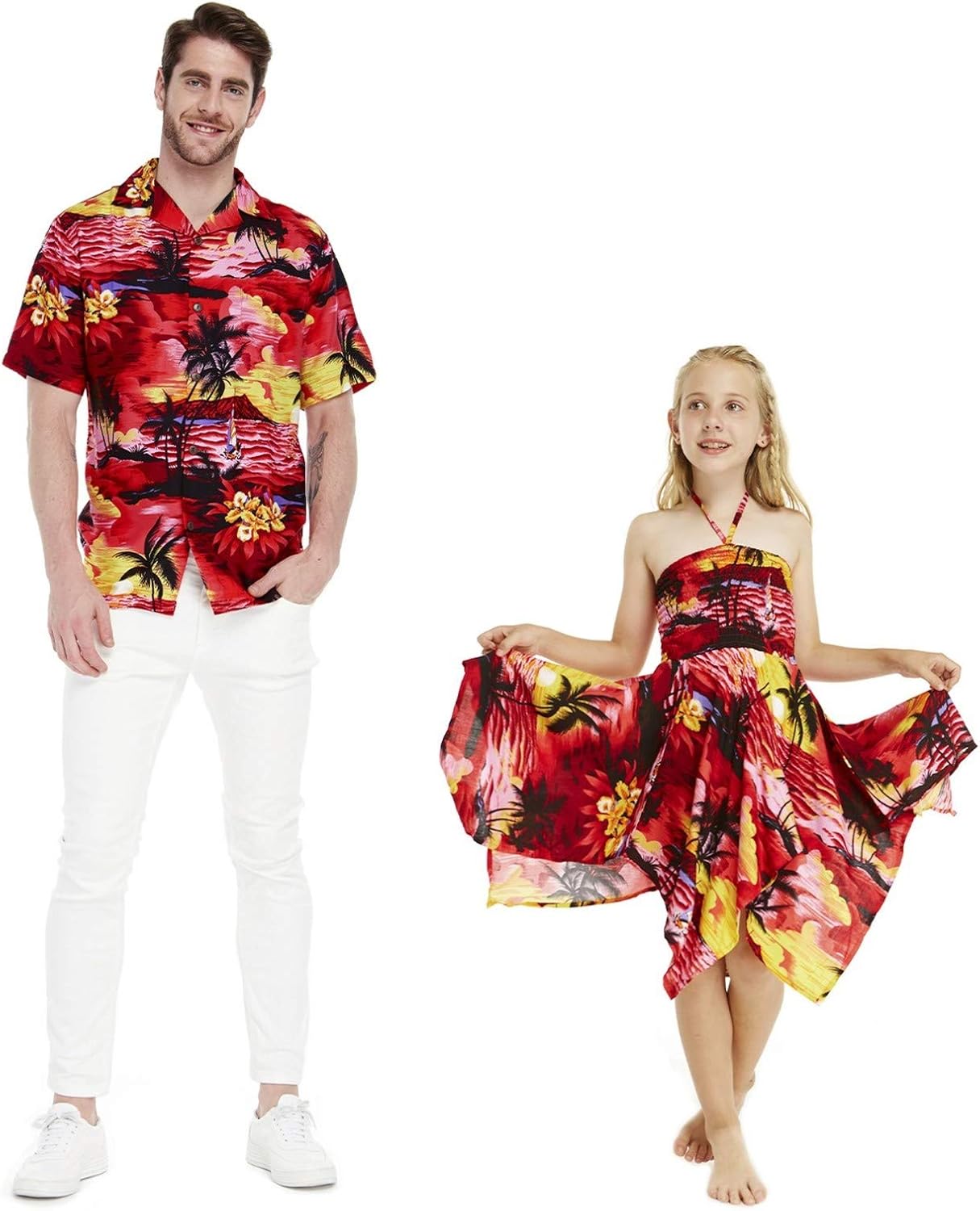 Matching Father Daughter Hawaiian Luau Men Shirt Girl Gypsy Dress in Sunset