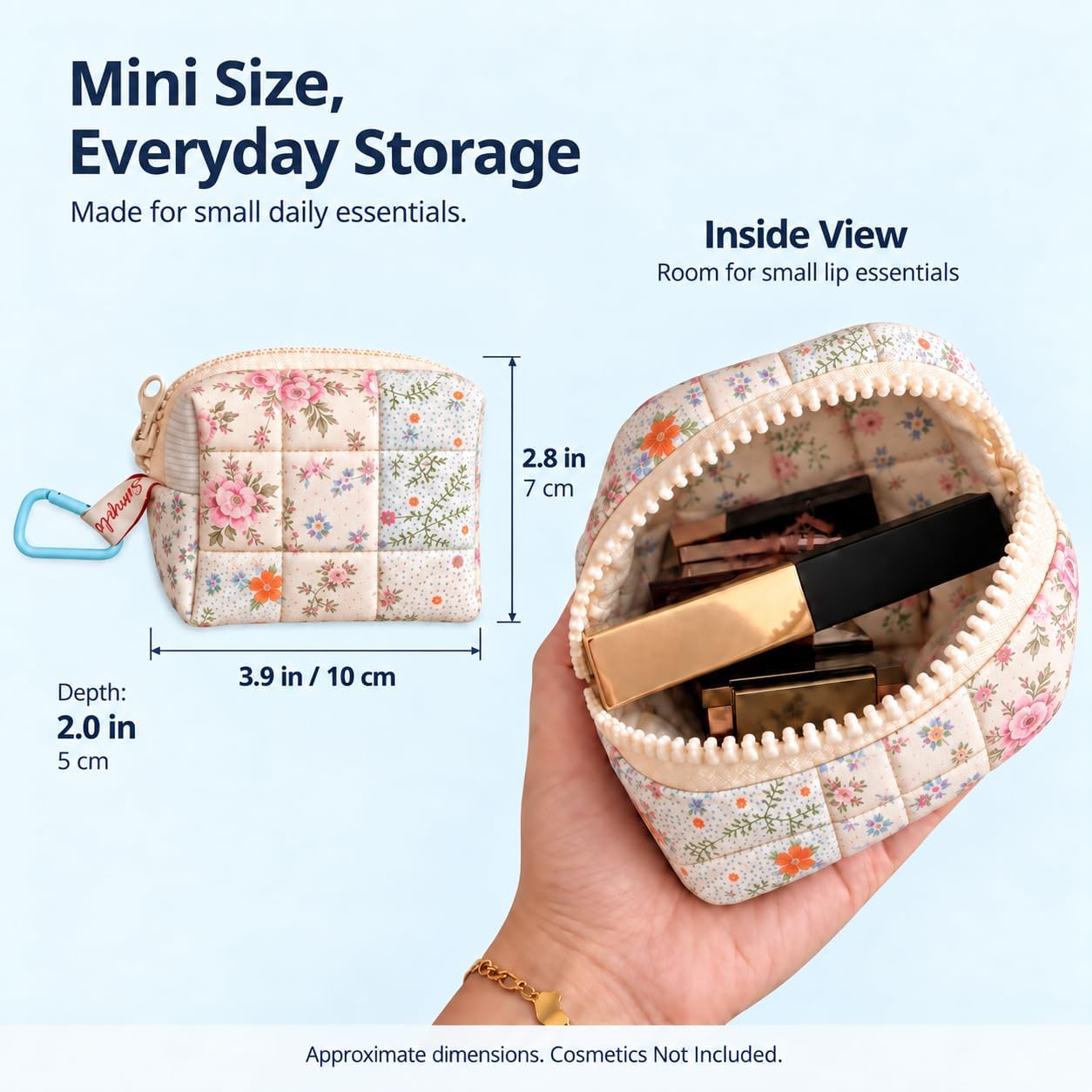 Small Makeup Bag for Purse, Mini Quilted Cotton Cosmetic Zipper Pouch with Clip, Compact Travel Organizer for Lipstick, Earbuds, Coins and Keys image 3