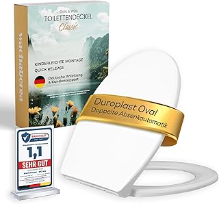 Toilettendeckel weiß mit Absenkautomatik, WC Sitz Oval Duroplast mit Softclose, stabilen Edelstahl-Scharnieren, abnehmbarer Klodeckel inkl. zwei Montage-Sets und 6 extra Puffern