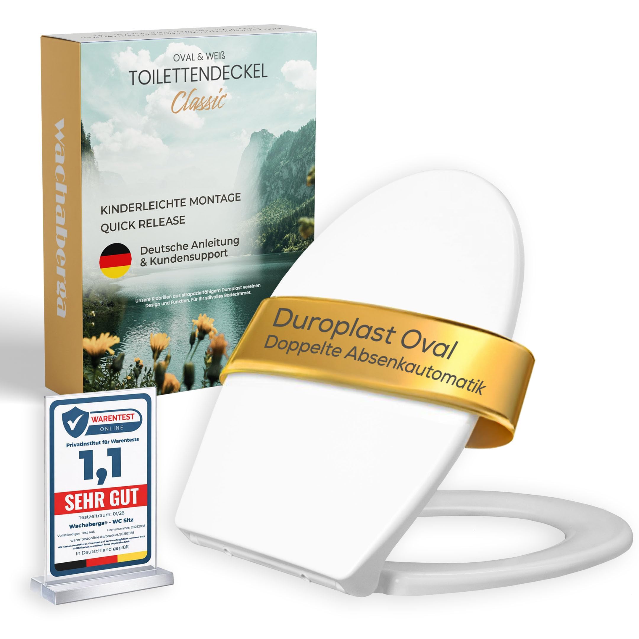 Wachaberga® Toilettendeckel weiß mit Absenkautomatik, WC Sitz Oval Duroplast mit Softclose, stabilen Edelstahl-Scharnieren, abnehmbarer Klodeckel inkl. zwei Montage-Sets und 6 extra Puffern