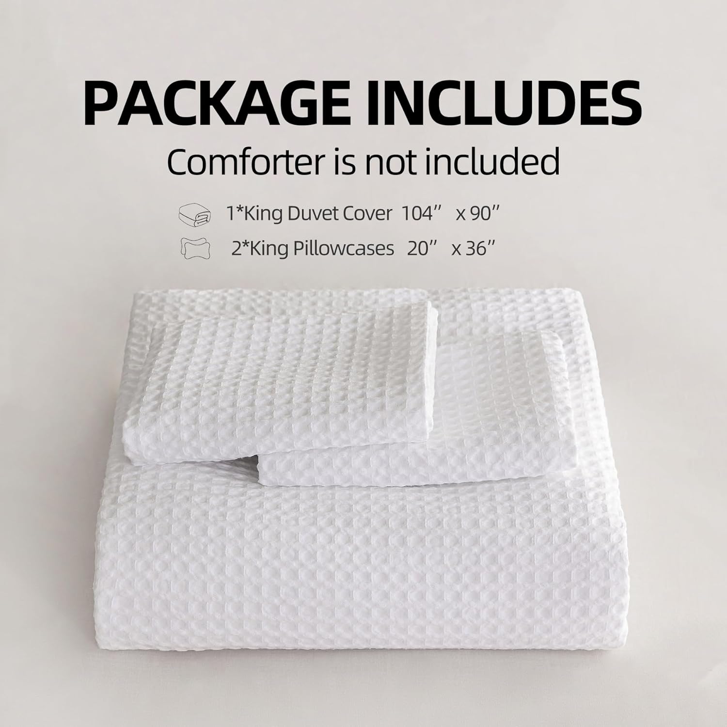 King Size Waffle Duvet Cover Set - Soft, Breathable, Cooling Luxury 3 Pcs Bedding with 1 Duvet Cover and 2 Pillowcases, No Comforter (King, White)