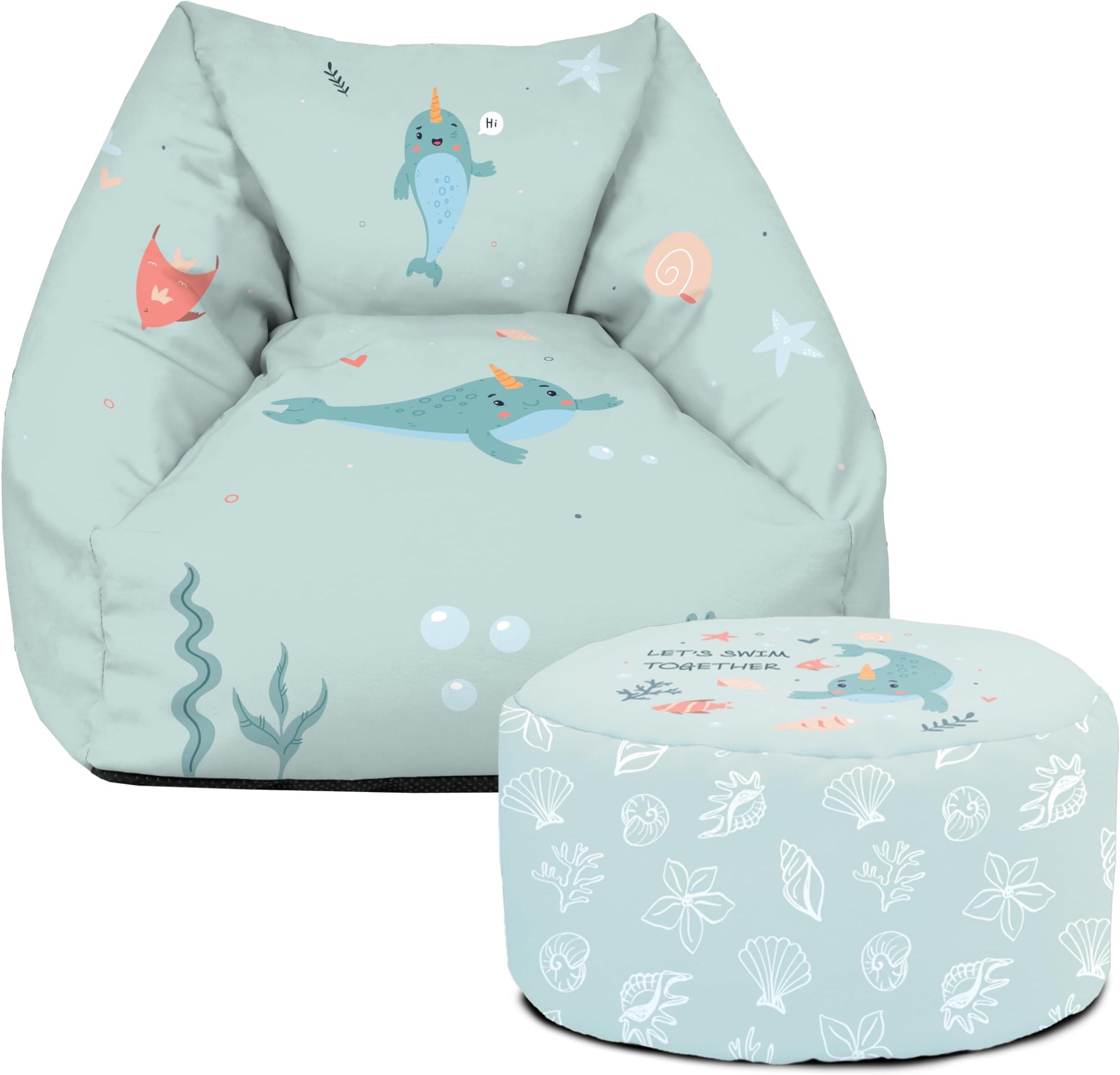 rucomfy Beanbags Snuggle Kids Bean Bag Chair - Toddler Armchair Beanbag Seat - Childrens Bedroom Furniture for Boys & Girls - Arrives Filled - 50 x 60 x 60cm (Under The Sea, Matching Footstool)
