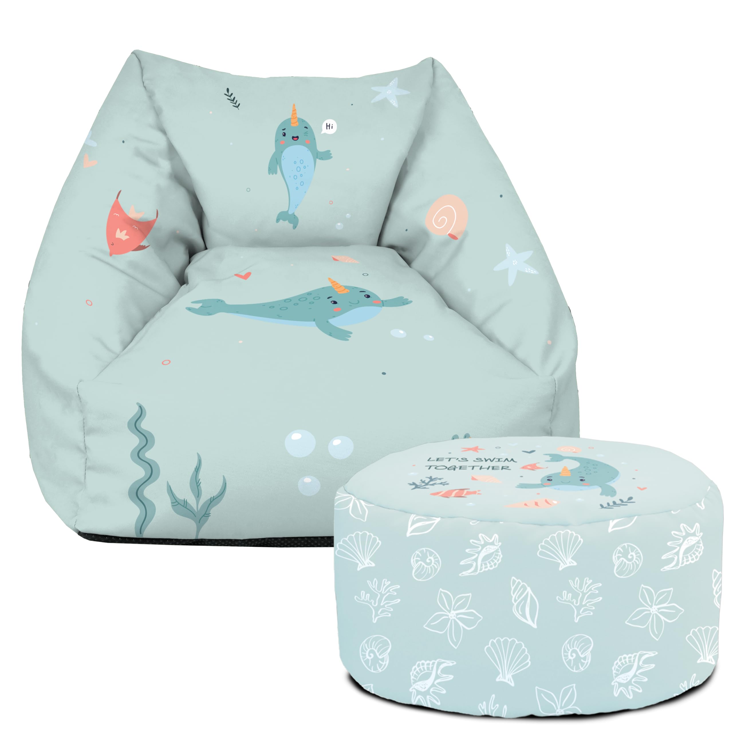 rucomfy BeanbagsSnuggle Kids Bean Bag Chair - Toddler Armchair Beanbag Seat - Childrens Bedroom Furniture - Arrives with Filling - 50 x 46 x 48cm (Under The Sea, Matching Footstool)