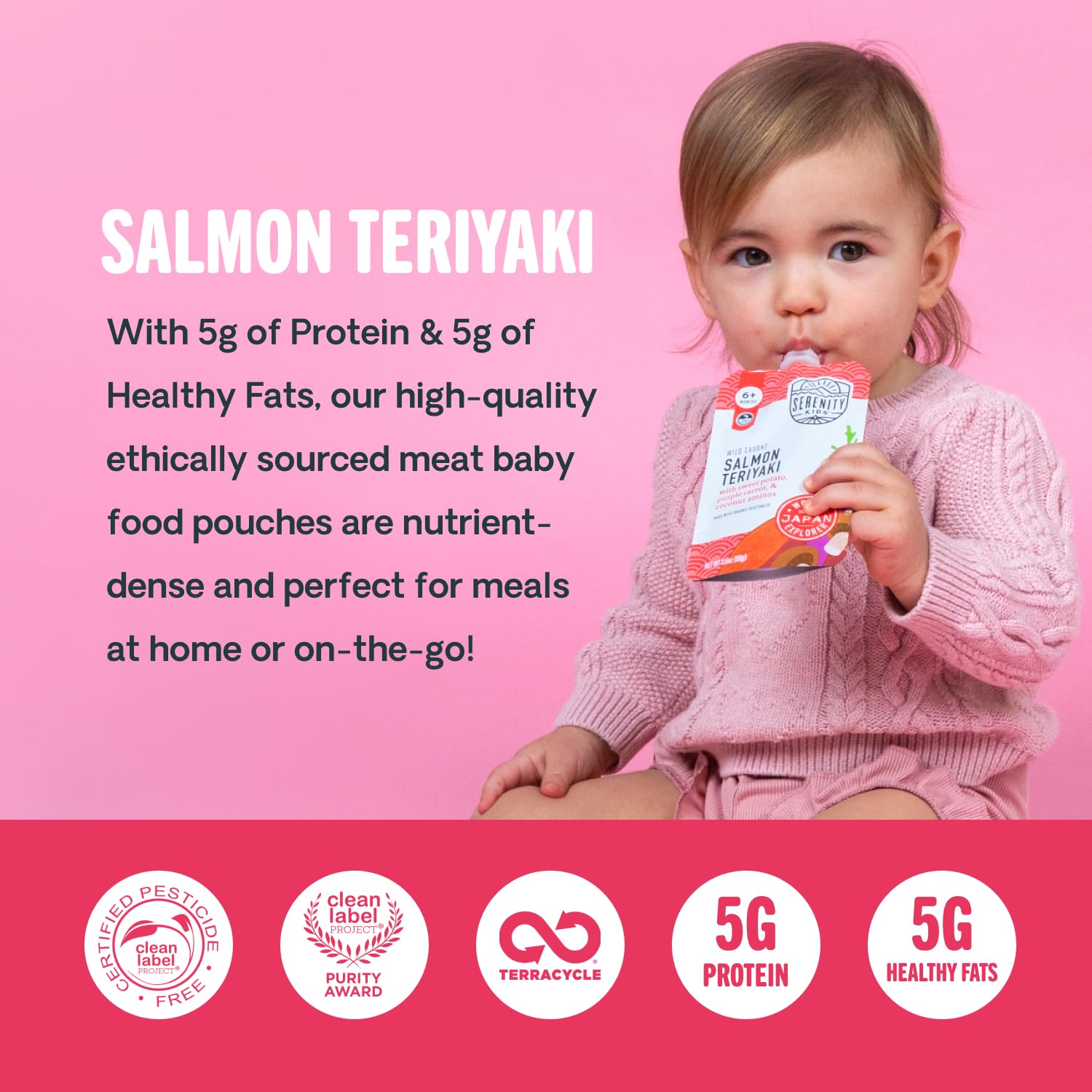 Serenity Kids 6+ Months World Explorers Baby Food Pouches Puree Made With Ethically Sourced Meats & Organic Veggies | 3.5 Ounce BPA-Free Pouch | Salmon Teriyaki | 1 Count thumbnail 3