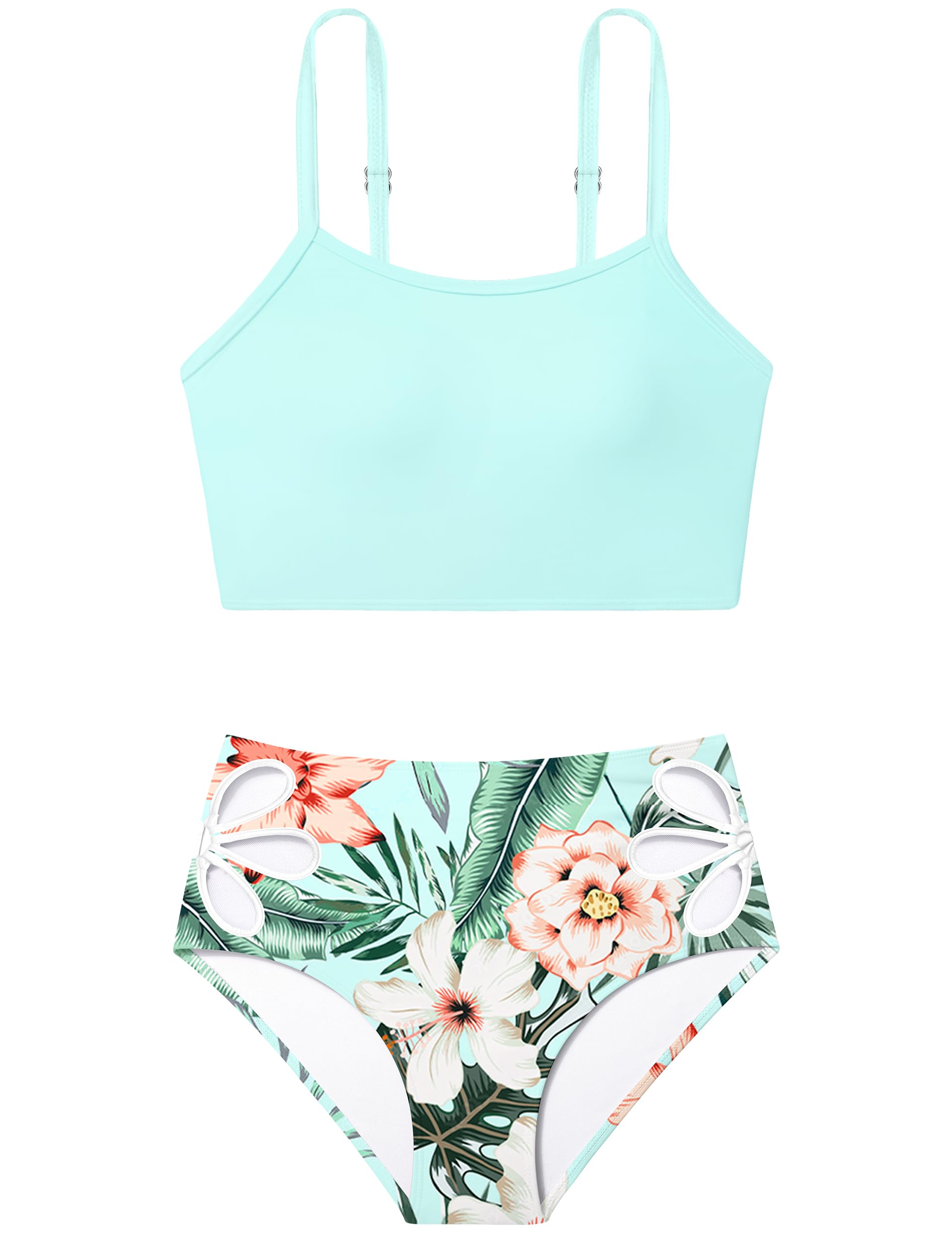 Girls Tankini Swimsuit 2 Piece Bathing Suit Twist Cross Back Cutout Swim Tank Top Floral Print Swimwear for 7-18Y