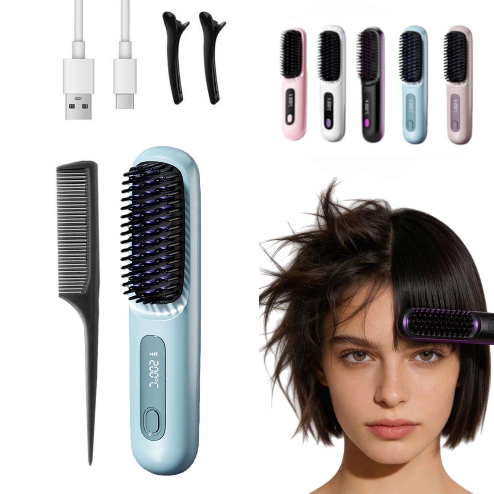 Cosylane Brosse Coiffante,Brosse Lissante Sans Fil pour Cheveux Courts,3 Niveaux de Chaleur, Écran LED,Chargement Type-C,Léger et Portable,Chauffage instantané en 20 seconde