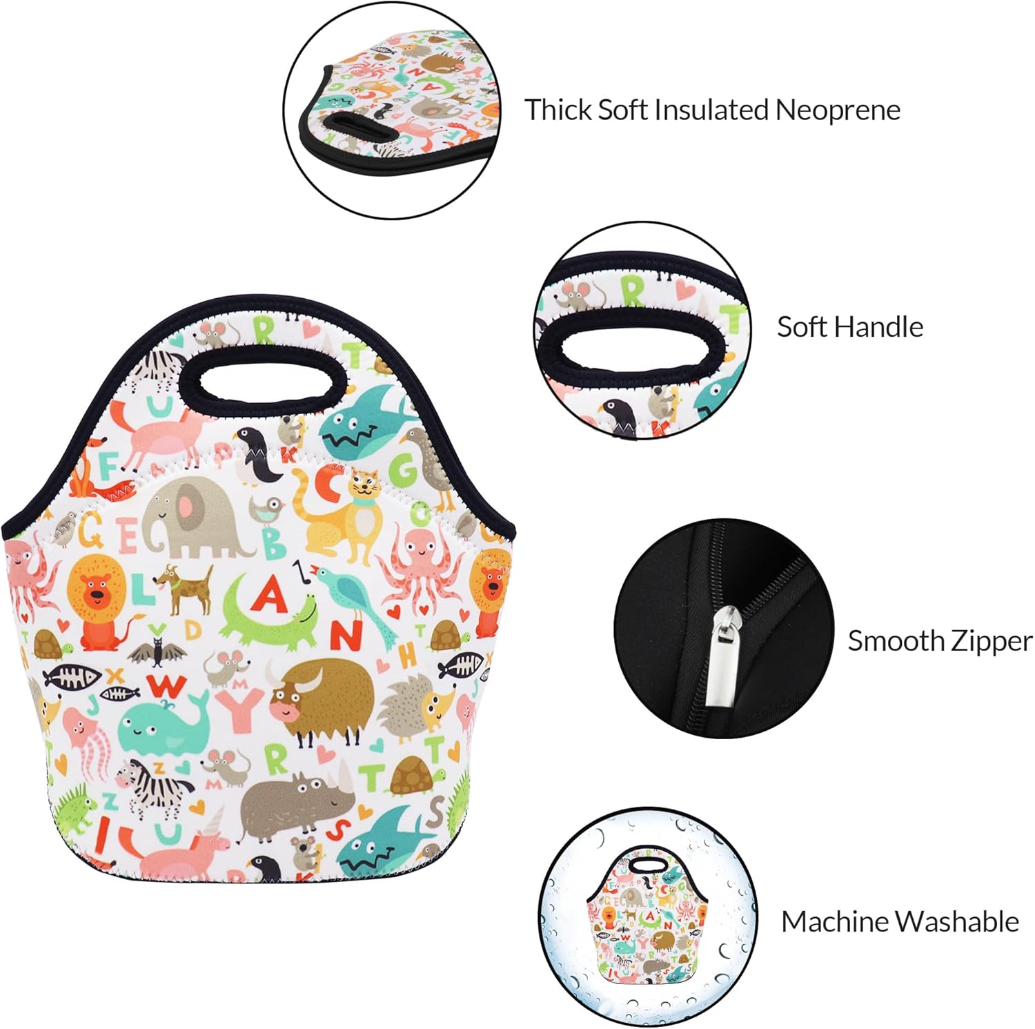 Neoprene Lunch Bag for Kids, Insulated Lunch Box Tote for Women Men Adult Teens Boys Teenage Girls Toddlers (Alphabet Animals) - Image 4