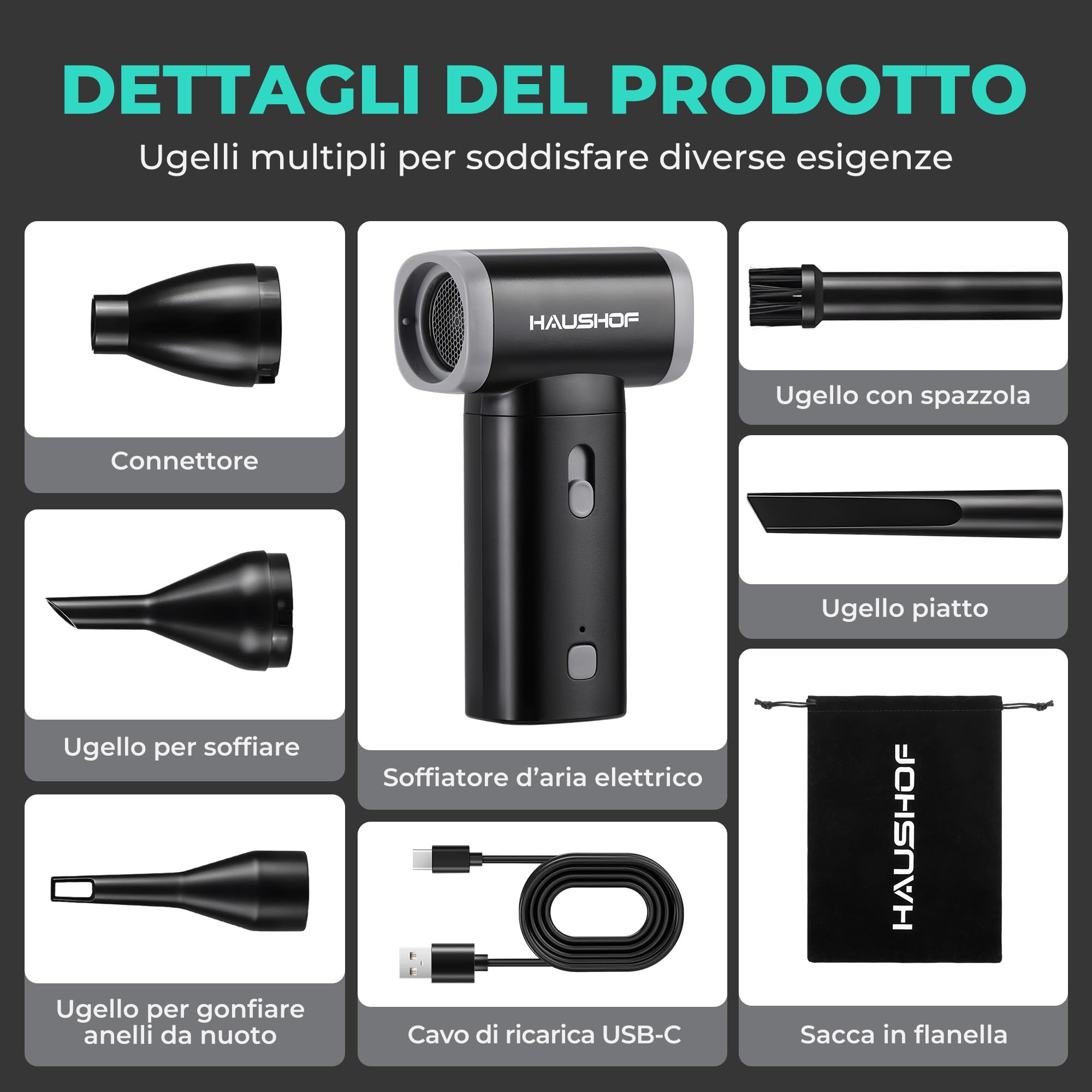 HAUSHOF Mini Soffiatore di Polvere Elettrico, 110000 RPM con Velocità Regolabile, 235g 8V, Ricarica USB-C, Aria Compressa Portatile per Tastiera, Auto, Divano