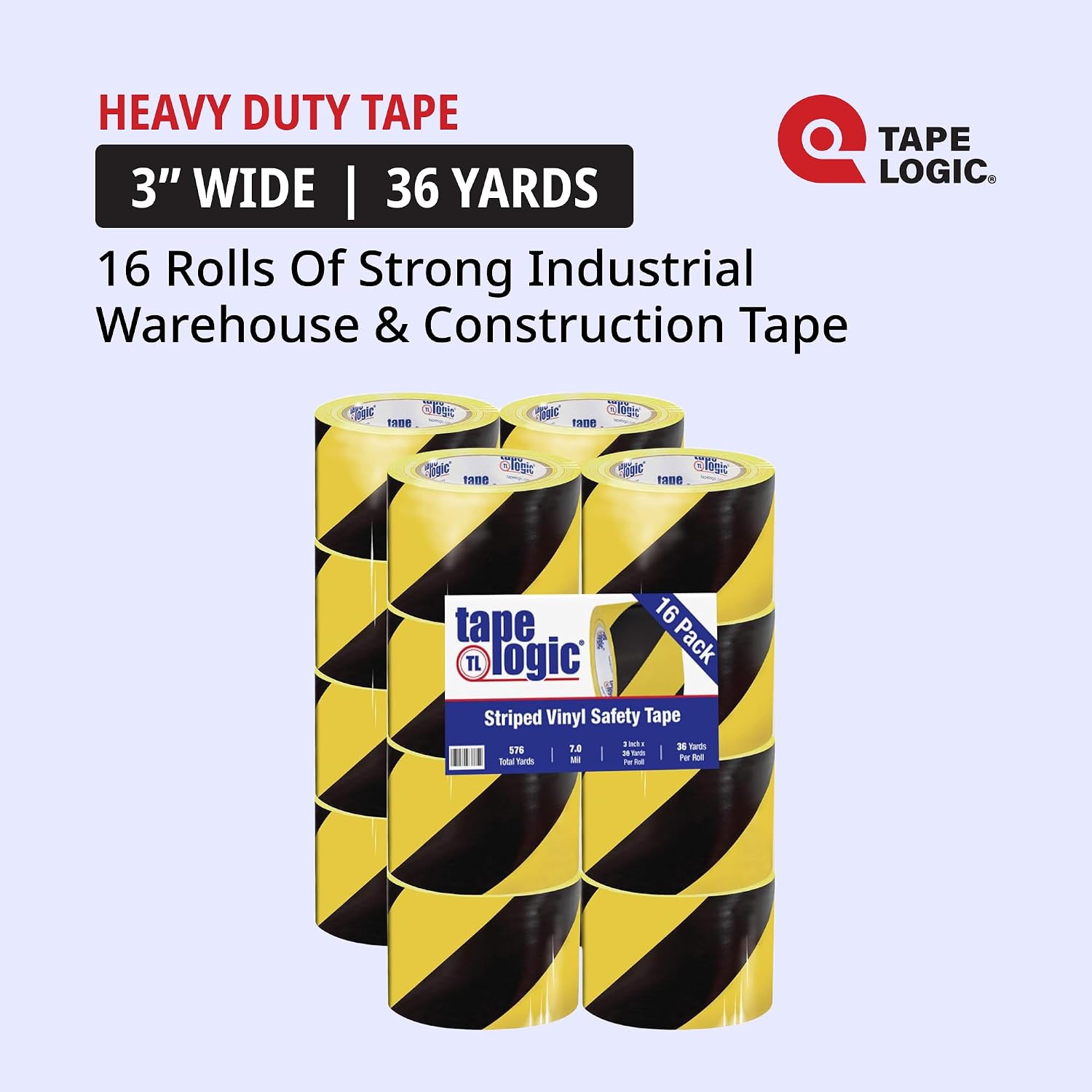 TAPE LOGIC 3" x 36 yds Vinyl Safety Tape 7.0 Mil, Black/Yellow Striped (16-Pack) Heavy Duty Waterproof Outdoor Floor Marking Caution Hazard Tape Roll, Strong Industrial Warehouse & Construction Tape