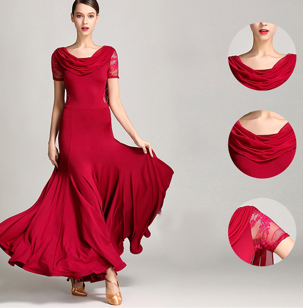 NAKOKOU Women Ballroom Dance Dress Long Sleeves Flamenco Dance Elegant Dress(Wine Red,L)