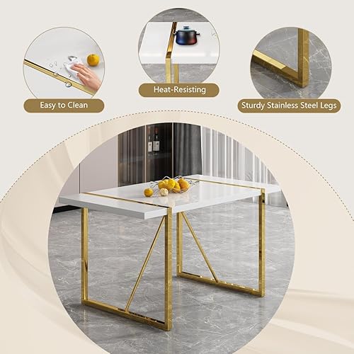 Miniatura 5 de Juego de mesa de comedor moderna de 55 pulgadas para 4, mesa de comedor blanca y marco de metal dorado, mesa de comedor rectangular con 4 sillas de