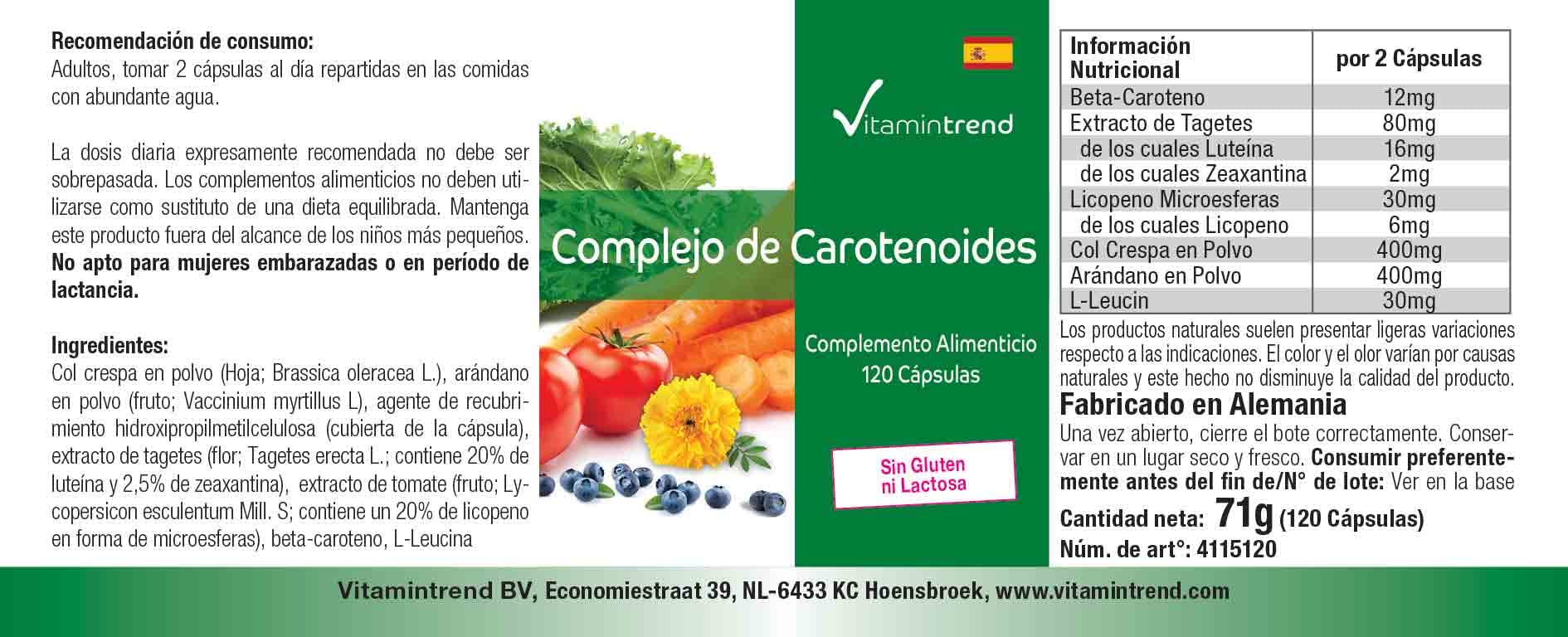 Vitamintrend Complesso di carotenoidi, 120 capsule, facili da deglutire, carotenoidi naturali, integratore alimentare vegano senza stearato di magnesio, prodotto in Germania