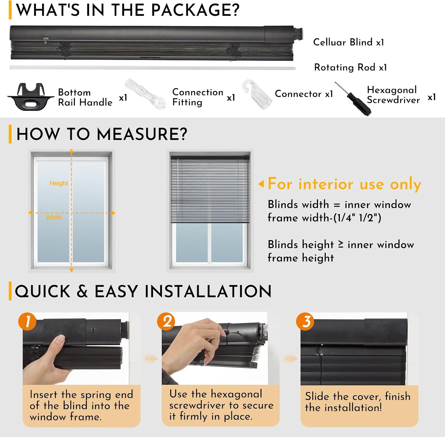 Persilux Metal Aluminium Venetian Blinds 1-inch Cordless Mini Blinds for Windows No Tools No Drill Blackout Blinds Horizontal Blinds for Interior Door Windows/Home/Office, Black, 70" W x 64" H
