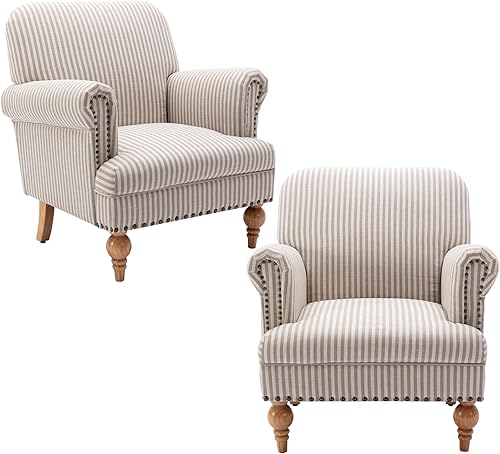 Miniatura 11 de Silla decorativa de lino moderna de mediados de siglo con ribete de cabeza de clavo y patas de madera, cómoda silla individual tapizada para sala de