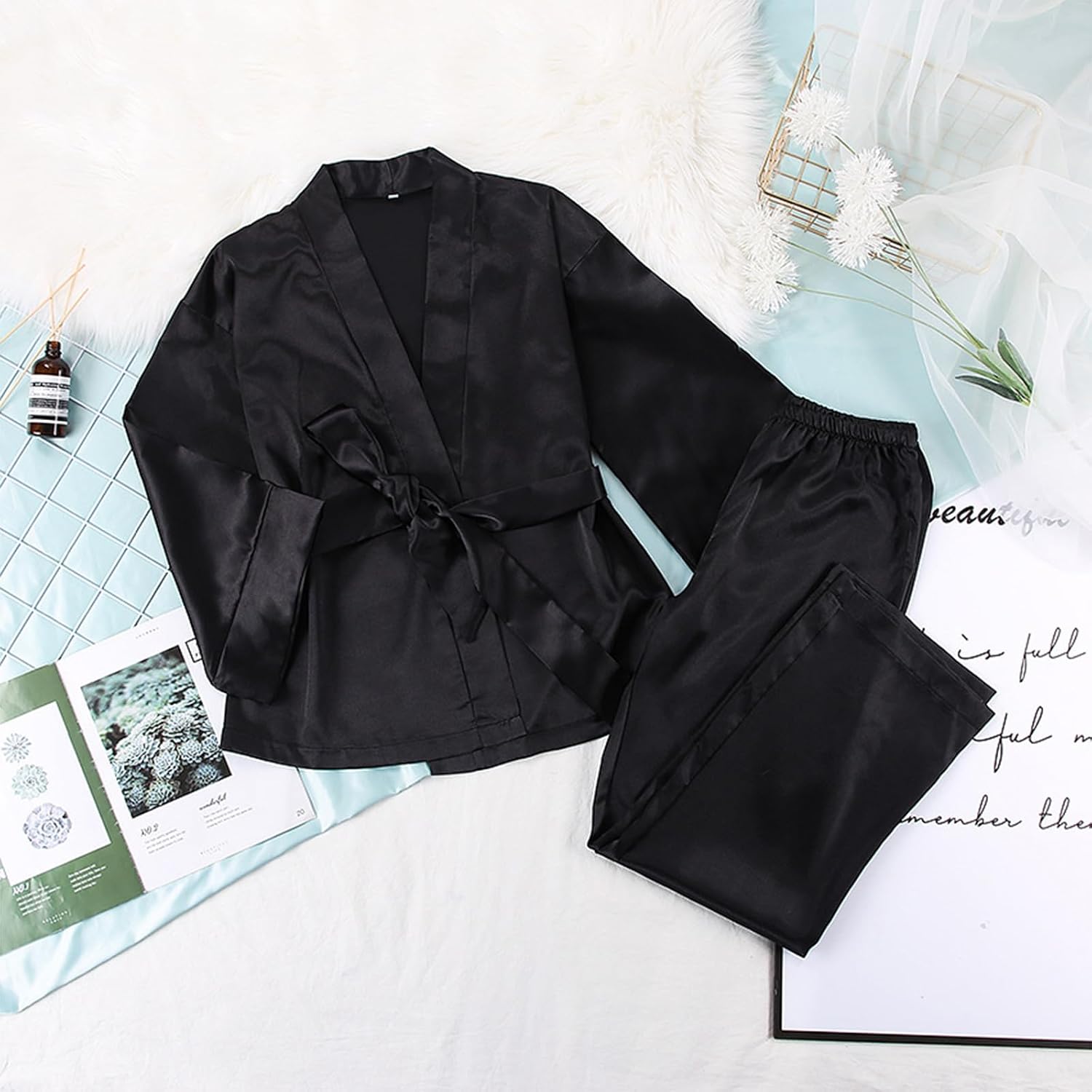 Women Satin Pajamas, Two-piece Sexy Simulation Silk kimono Robe Long Sleeve Silk Pjs for Women Set Sleepwear,Black,S