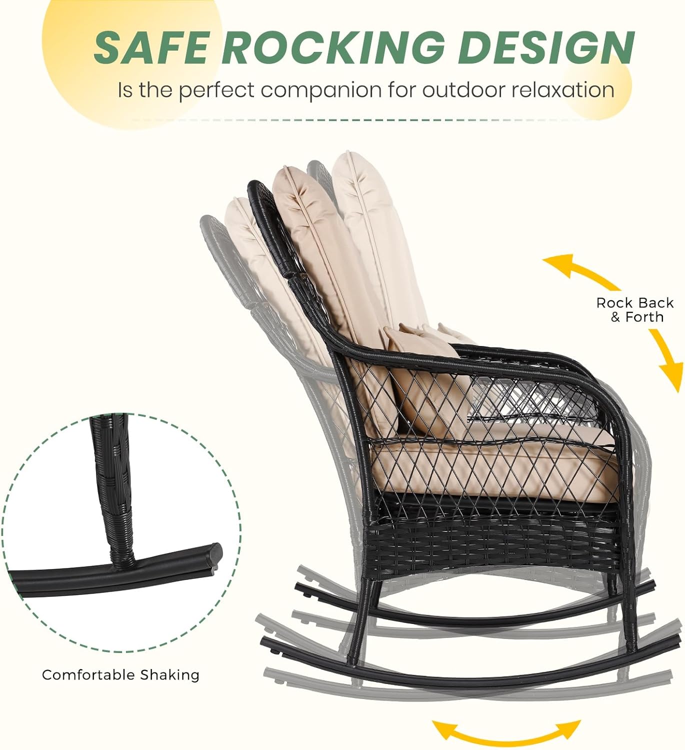 LVUYOYO Outdoor Wicker Rocking Chair of 2, Patio Rattan Rocker Chair with Cushions, Rocking Wicker Furniture Set for Deck, Porch, Garden, Backyard (Khaki)