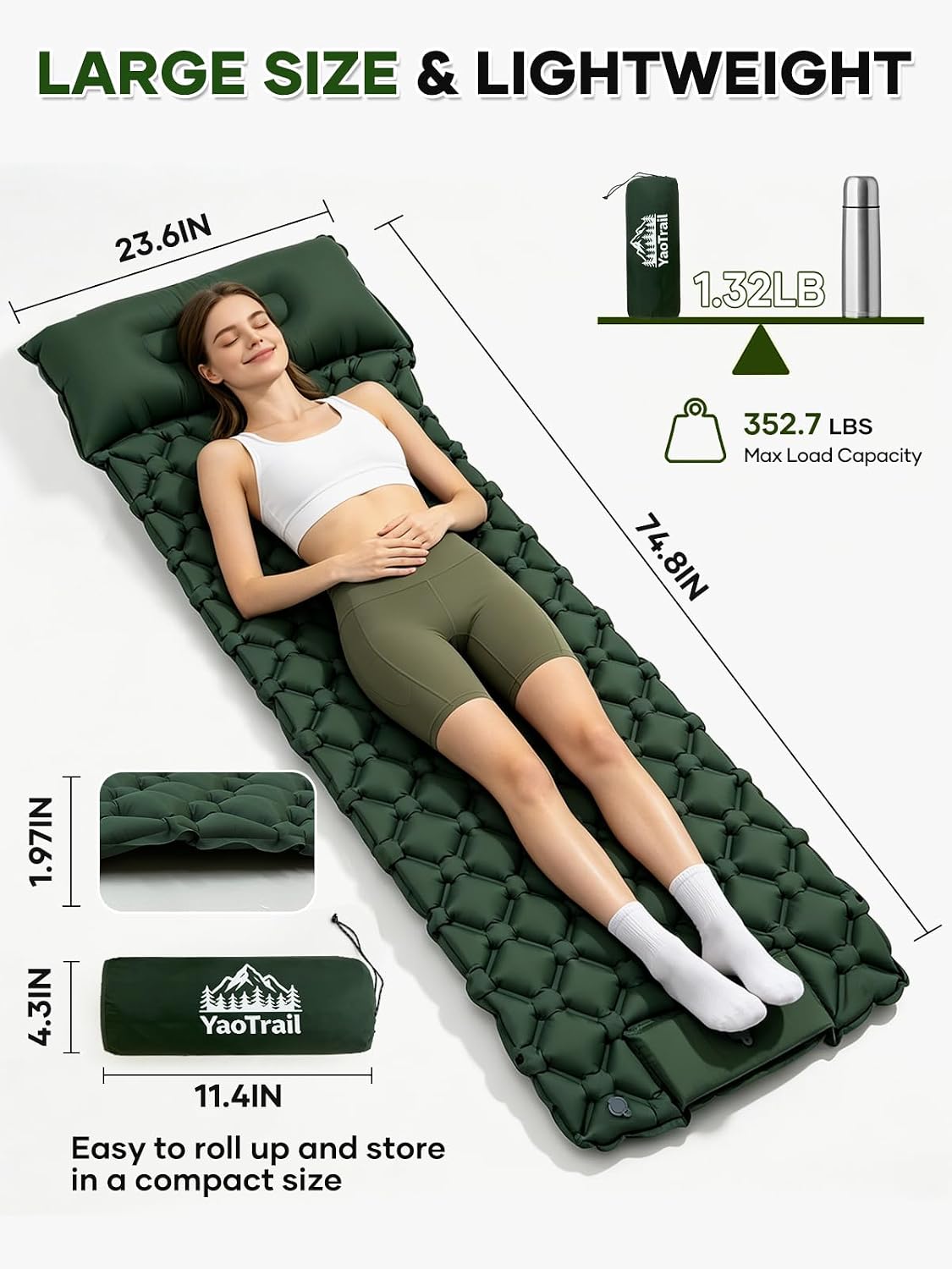 Camping Sleeping Pad with Built-in Foot Pump and Pillow Green image 2