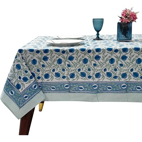 Ridhi Queen Blue Hand Block Print Cotton Rectangle Tablecloth 140" x 72" inches Table Cover Decorative Everyday Use for Dining, Farmhouse, Home Gift for Spring, Easter, Valentine