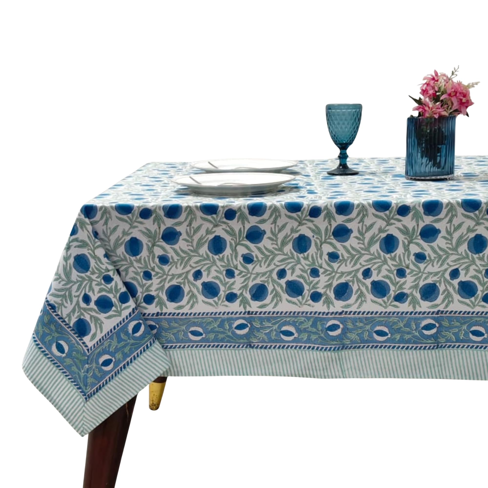 Ridhi Queen Blue, Celadon Green 60x60 Inches Square 100% Cotton Hand Block Print Washable Decorative Spring Summer Parties/Wedding Use,Fall décor Farmhouse Dining Dinner Tablecloth`