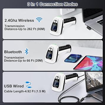 KUIIYER 1D QR 2D Barcode Scanner, Bluetooth Wireless Bar Code Reader | Setting Keypad & LCD Screen Display & AI Voice, Handheld Barcode Reader for iPhone, Android, iPad, Tablet, Computers & POS