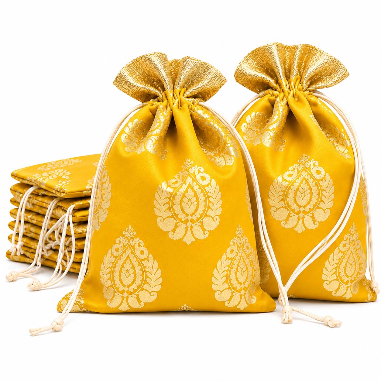 Foxtree 30Pcs Banarasi Silk Drawstring Potli Bags | 15x21Cm | Wedding Return Gift Bags, Indian Ethnic Favor Pouches for Jewelry, Dry Fruits, Shagun & Festive Packaging (Yellow, Pack Of 30)-image-13