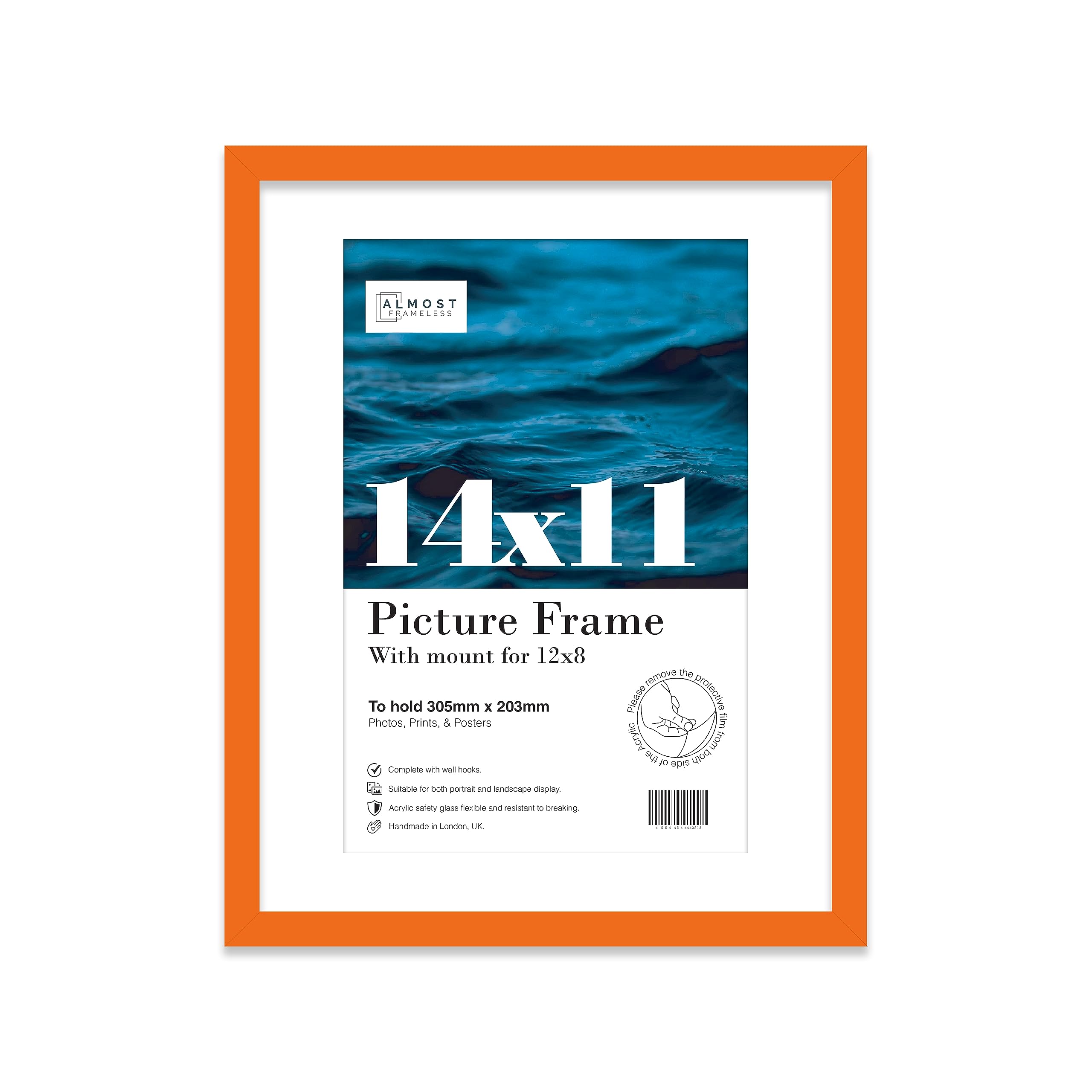 Almost Frameless 14x11 Orange Picture Frame With Mount for 12x8 Print, Poster or Photo Poster, Photo, Artwork, or Print. Thin Edge Slim Frame Portrait and Landscape Display with Wall Hooks
