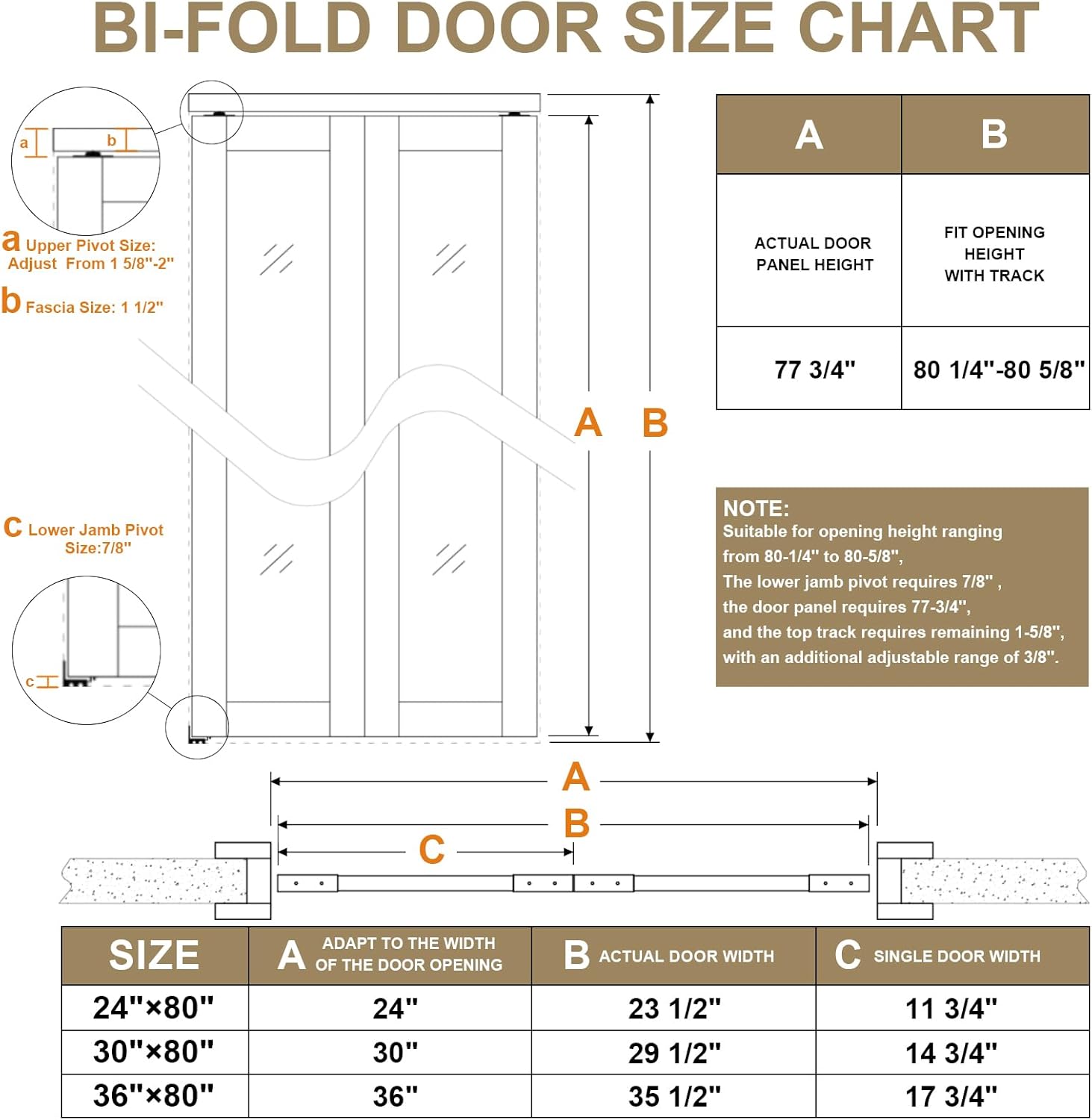 Bifold Doors, 24"x 80" 3-Lite Tempered Frosted Glass Closet Door with Hardware Kit, Pre-Assembled Interior Bi Fold Doors for Pantry/with PVC Surface, Solid Build Quality & Easy Install, Black