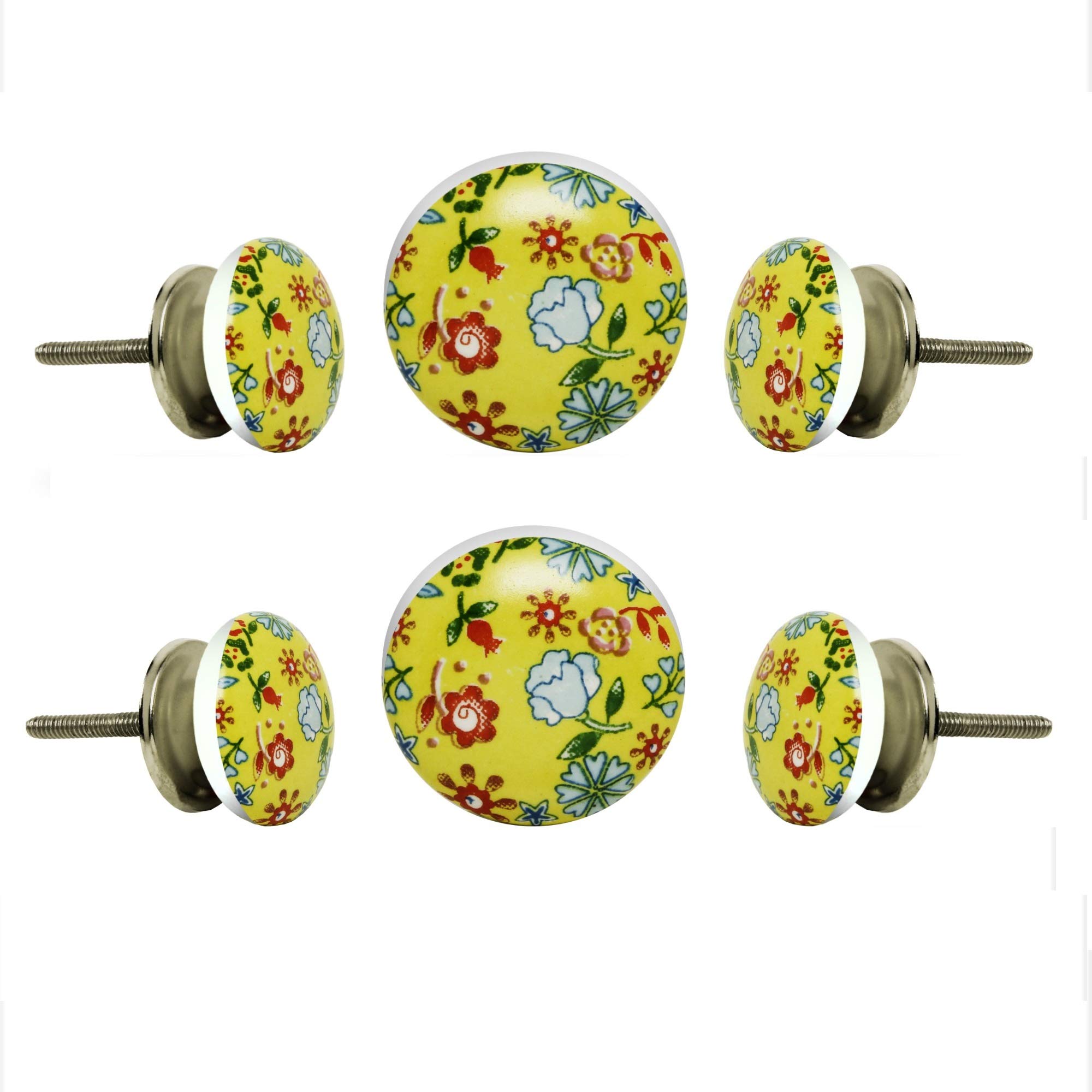 TRINCA-FERRO Set of 6 Round Yellow Floral Ceramic Handmade Knob for Pull and Push Knobs for Dresser Drawer Decorative Knobs for Interior Exterior Cabinet Knobs for | Bedroom | Bathroom | Kitchen |