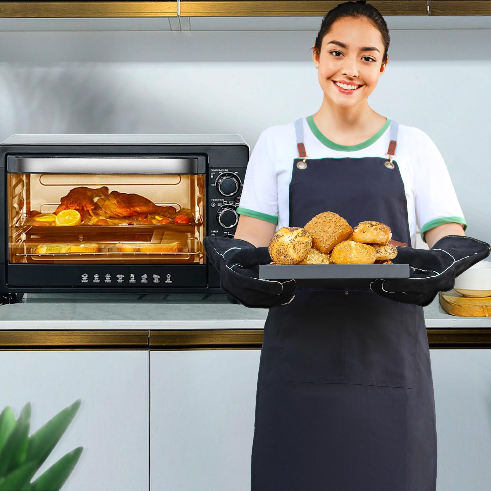 Grillhandschuhe Hitzebeständig 300°C Leder + Canvas Grillschürze für Männer – Ofenhandschuhe & Kochschürze Herren mit Metallknöpfen, Grillzubehör Geschenk für BBQ, Küche