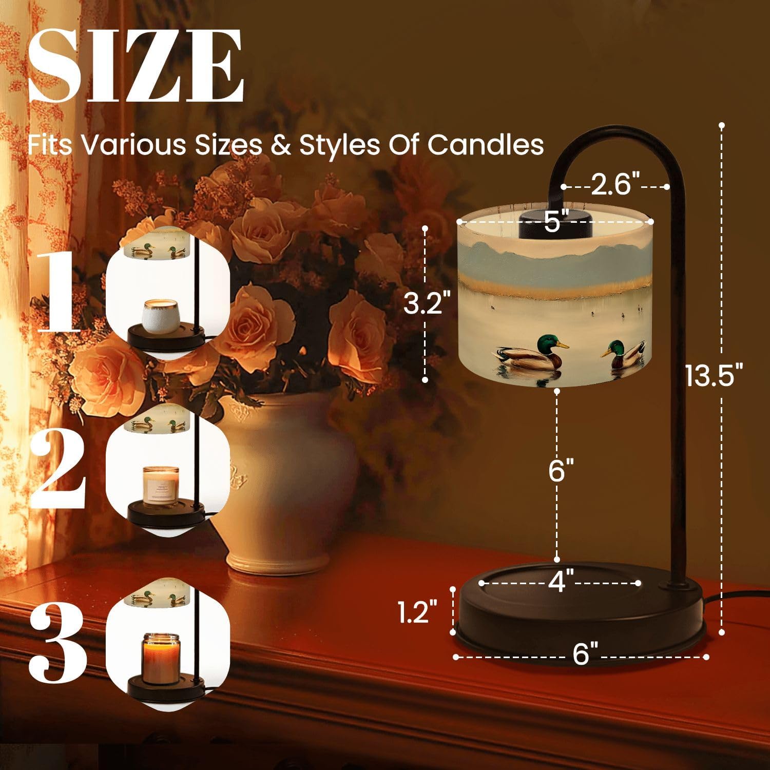Candle Warmer Lamp with Timer and Dimmer, Mallard Duck Pond Animal Farmhouse Vintage Painting Oil Non-Slip Wax Melts Warmer with 4 Bulbs for Home Office Dorm, Birthday Gifts for Women