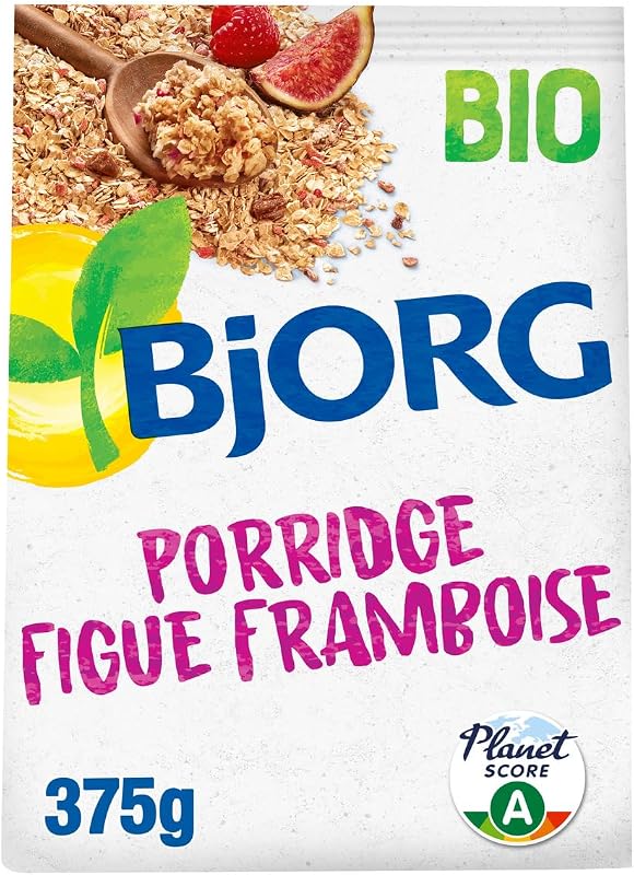 BJORG - Porridge Bio Figue Framboise - Aux Céréales Complètes - Sans Sucres Ajoutés - Pour Le Petit Déjeuner - 375 g