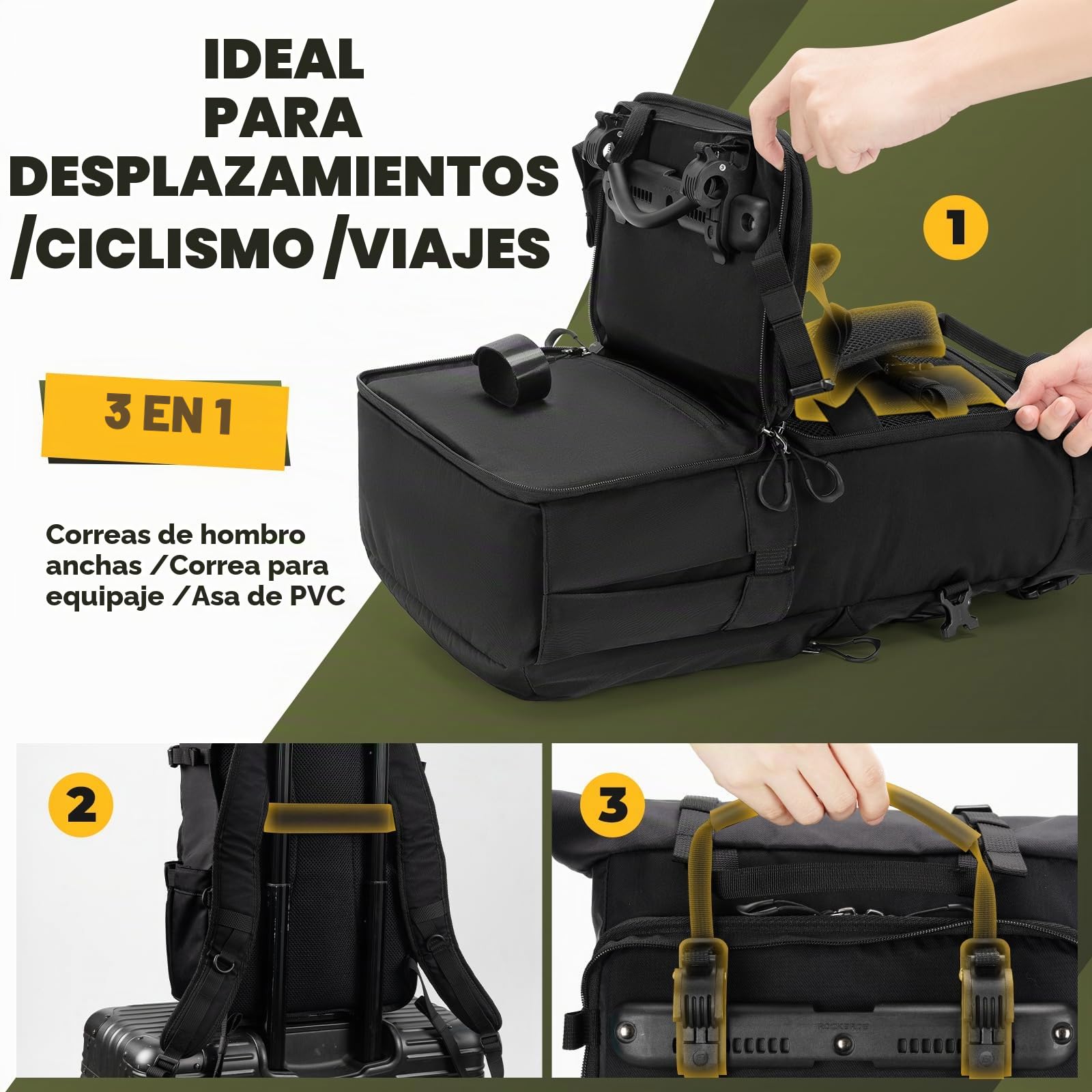 ROCKBROS Bolsa Trasera Multifuncional 3 en 1 para Portaequipajes, Alforja para Bicicleta con Capacidad Expandible 11L-16L para MTB Gravel, Mochila para Viajes y Diario, Verde