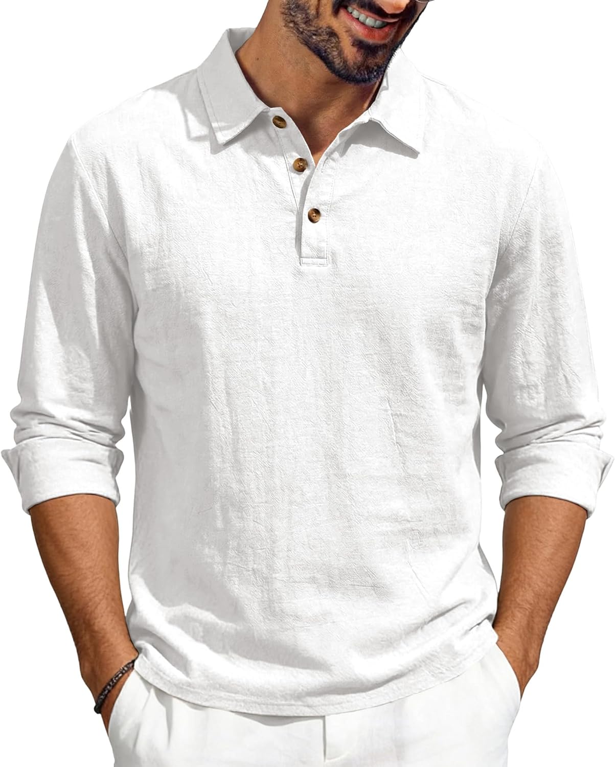 Men’s Linen Polo Shirts Long Sleeve Yoga Tops Casual Summer Hippie Beach T-Shirts