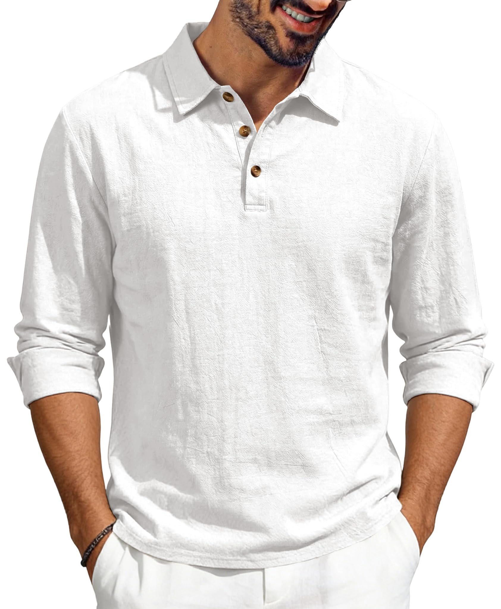 Men’s Linen Shirts Long Sleeve Polo Shirt Casual Summer Classic Golf T Shirts
