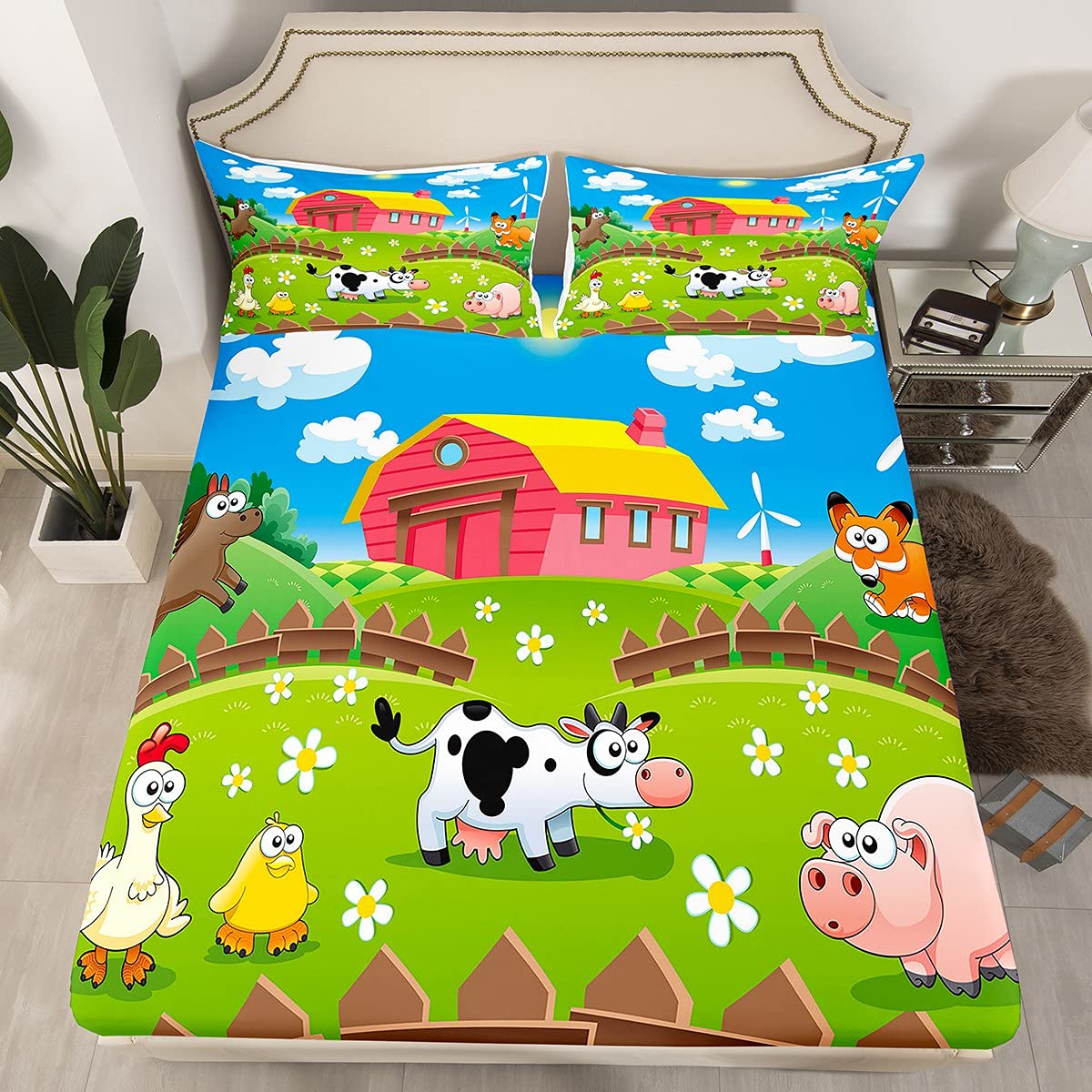 Feelyou Happy Farm Set Biancheria Da Letto Bambino 3 Pezzi - Lenzuolo Con Angoli E Federe Con Animali Cartoon, Queen Size