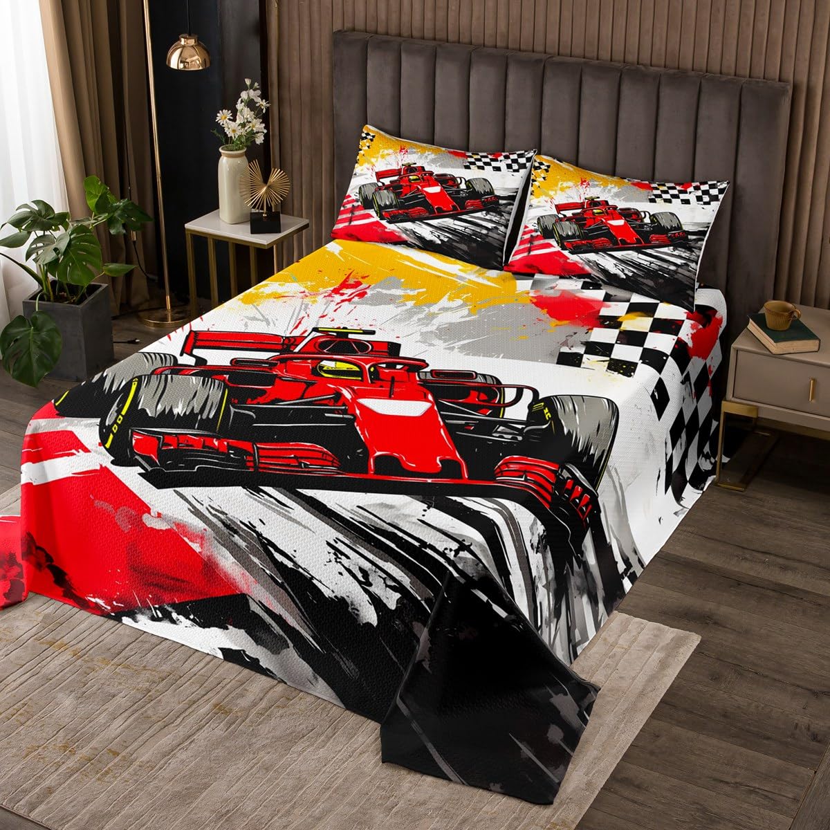 Castle Fairy Formula Race Car Coverlet Set King Size Racing Checkered Flag Bedspread Fashion Room Decor Speed Extreme Sports Quilted for Boys Gift Abstract Graffiti Bedding with 2 Pillowcases