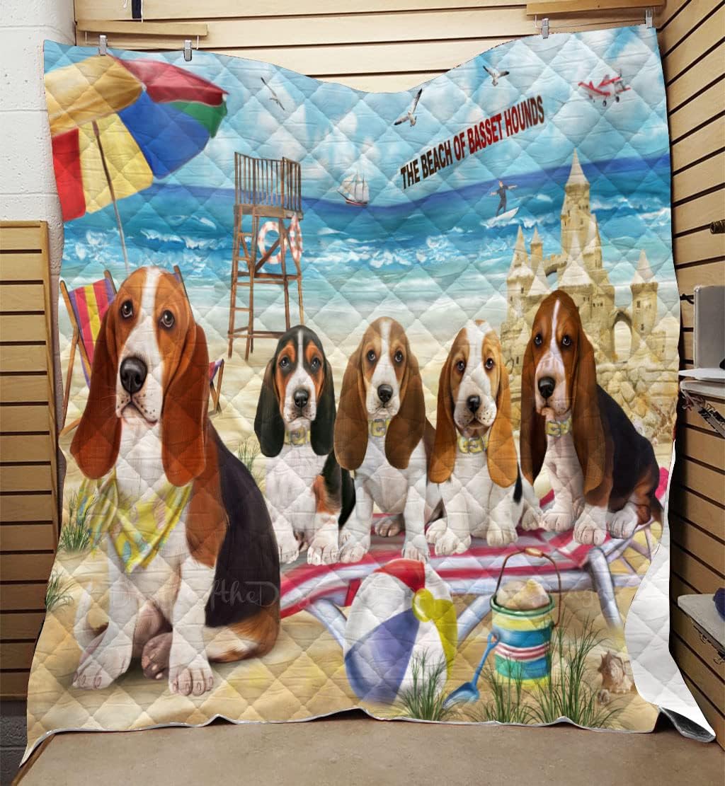 Pet Friendly Beach Basset Hound Dog Quilt Bed Coverlet Bedspread - Pets Comforter with Unique One-Side Animal Printing - Soft Lightweight Quilt - Washable 100% Polyester, 60"x70"