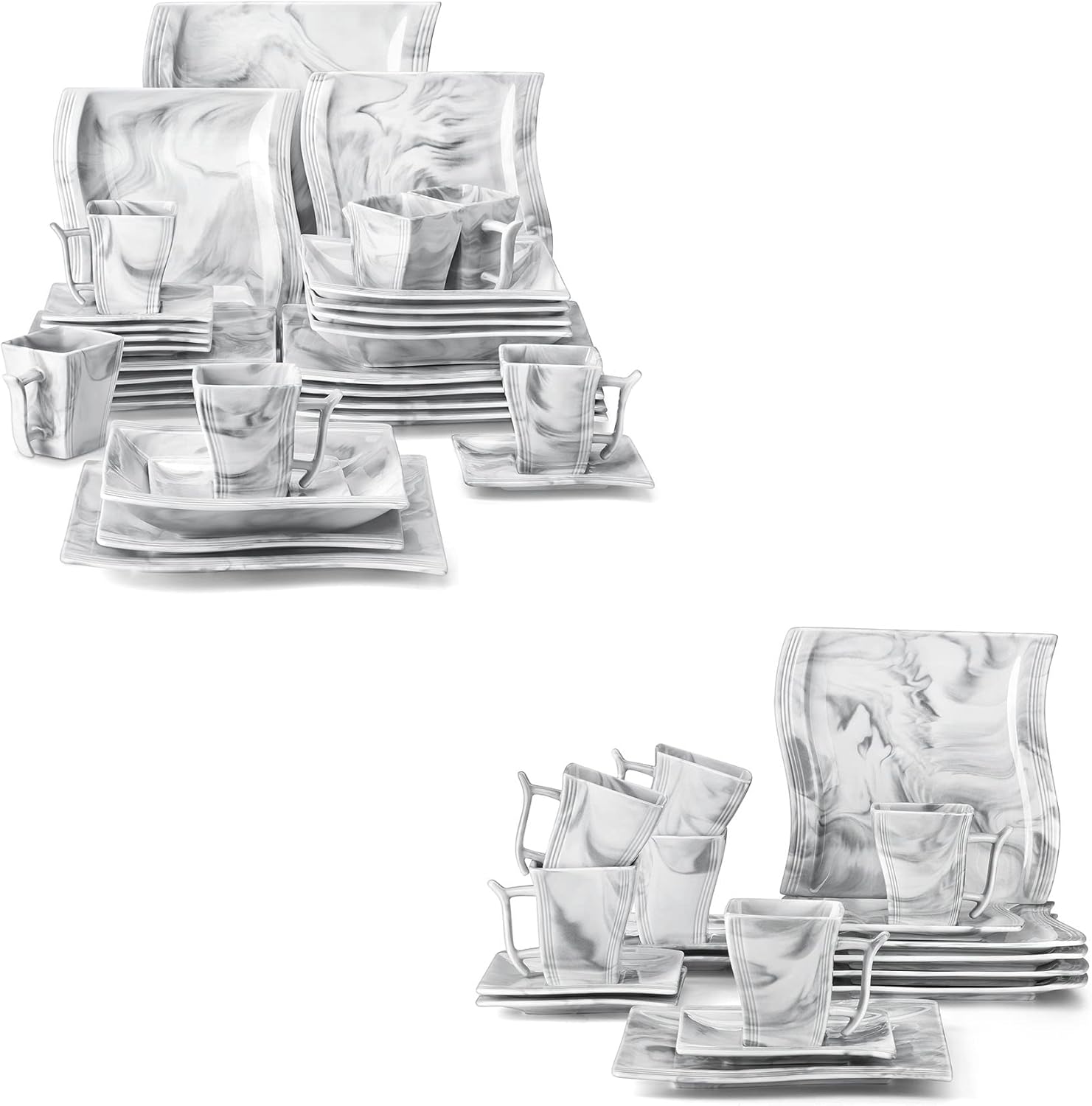 MALACASA 30 Piece Marble Grey Square Dinnerware Sets for 6