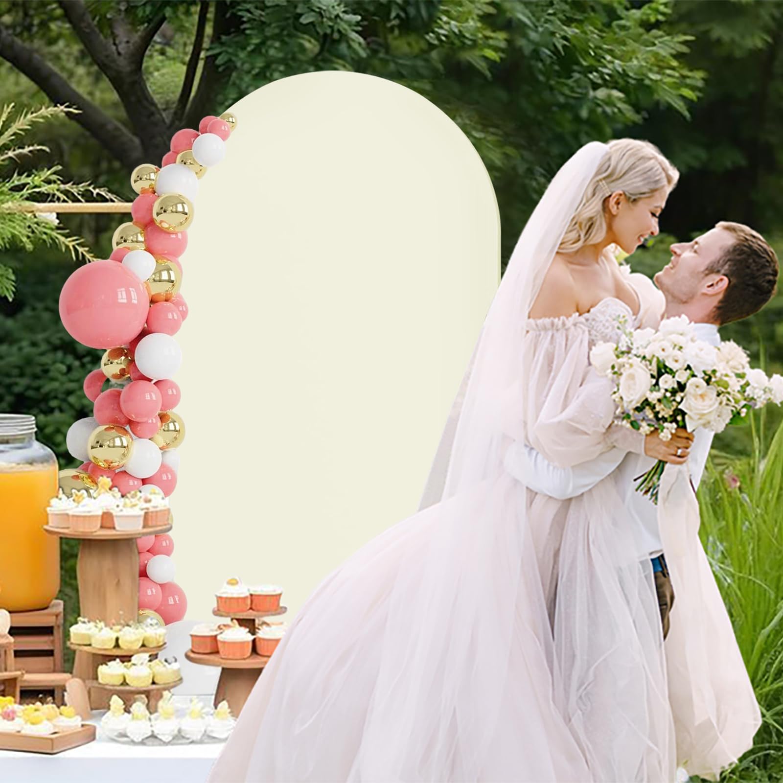 Copertina per sfondo con arco di nozze su entrambi i lati, backdrop con parte superiore rotonda, sfondo fotografico ideale per matrimoni, compleanni, cerimonie, feste e banchetti (beige, 0,8 x 1,8 m)