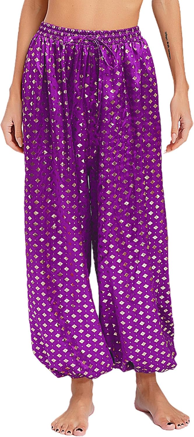 FEESHOW Women's Elastic Waist Belly Dance Pants Arabic Harem Pants Lantern Trousers Indian Dance Costume