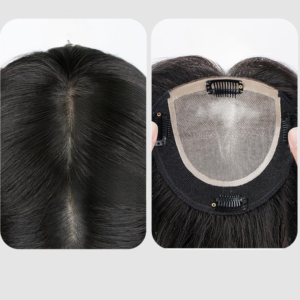 Clip in Toppers Straight Human Hair U Part Double Handed Needle Hairpiece for Women thin hair (5.1×5.5inch 9.8inch Natural Black) (Natural black,25cm)