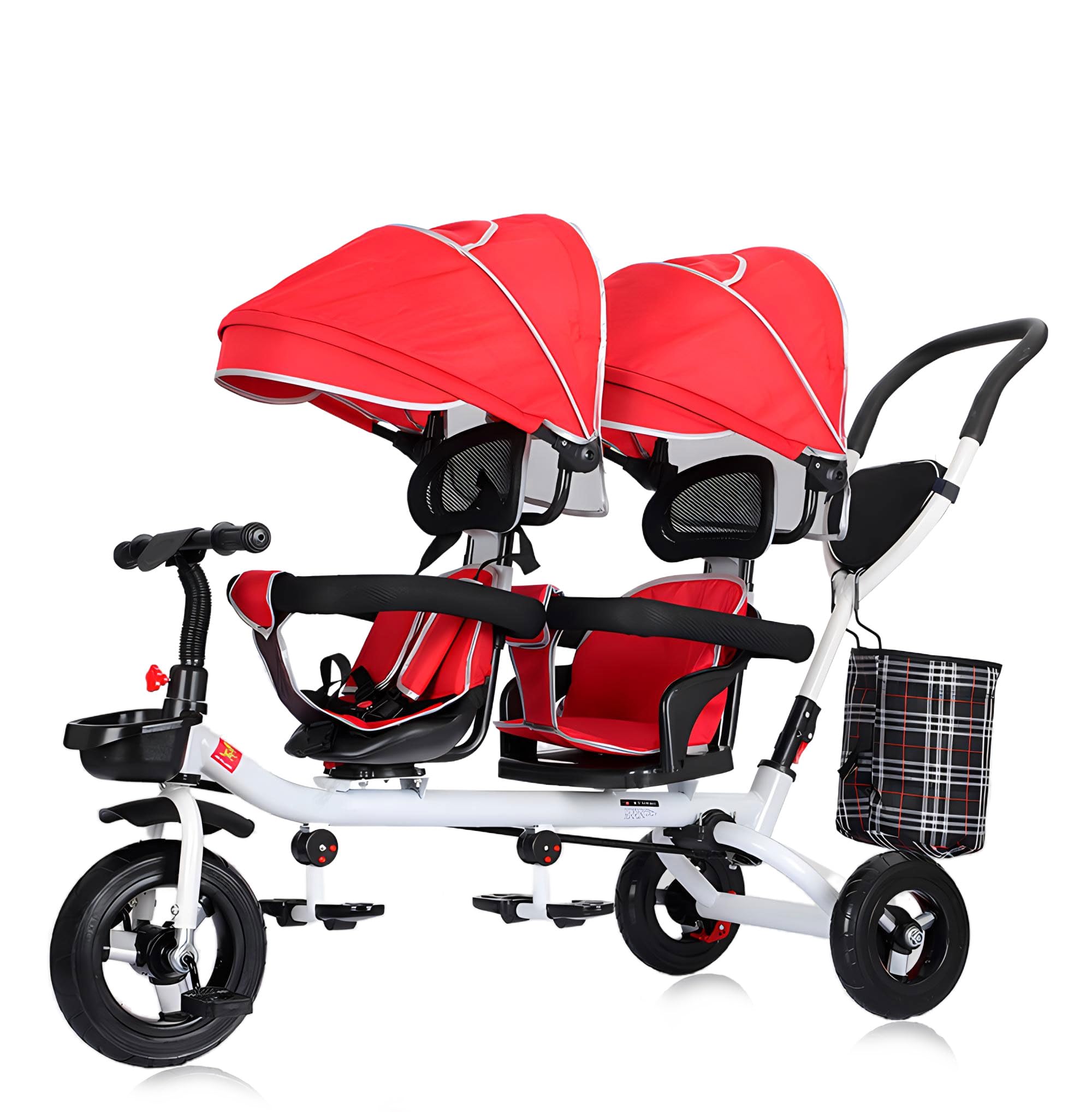 Kids Tricycle - 4 in 1 Double Seat Children's Tricycle, Toddler Pushchair, Detachable Canopy, Folding Pedals, Reversible Seat, Removable Guardrail, Suitable for 1 to 6 Years Old Children,Red