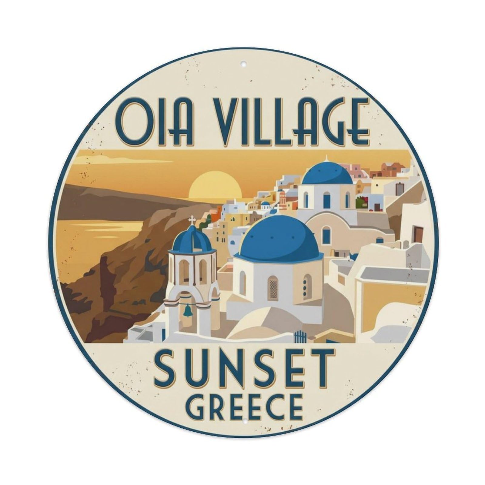 Oia Village Sunset Greece Island Metal Tin Sign Plaque Wall Decor for Cafe, Club Bar, Office, Home Garden Round Metal Poster 8x8Inch