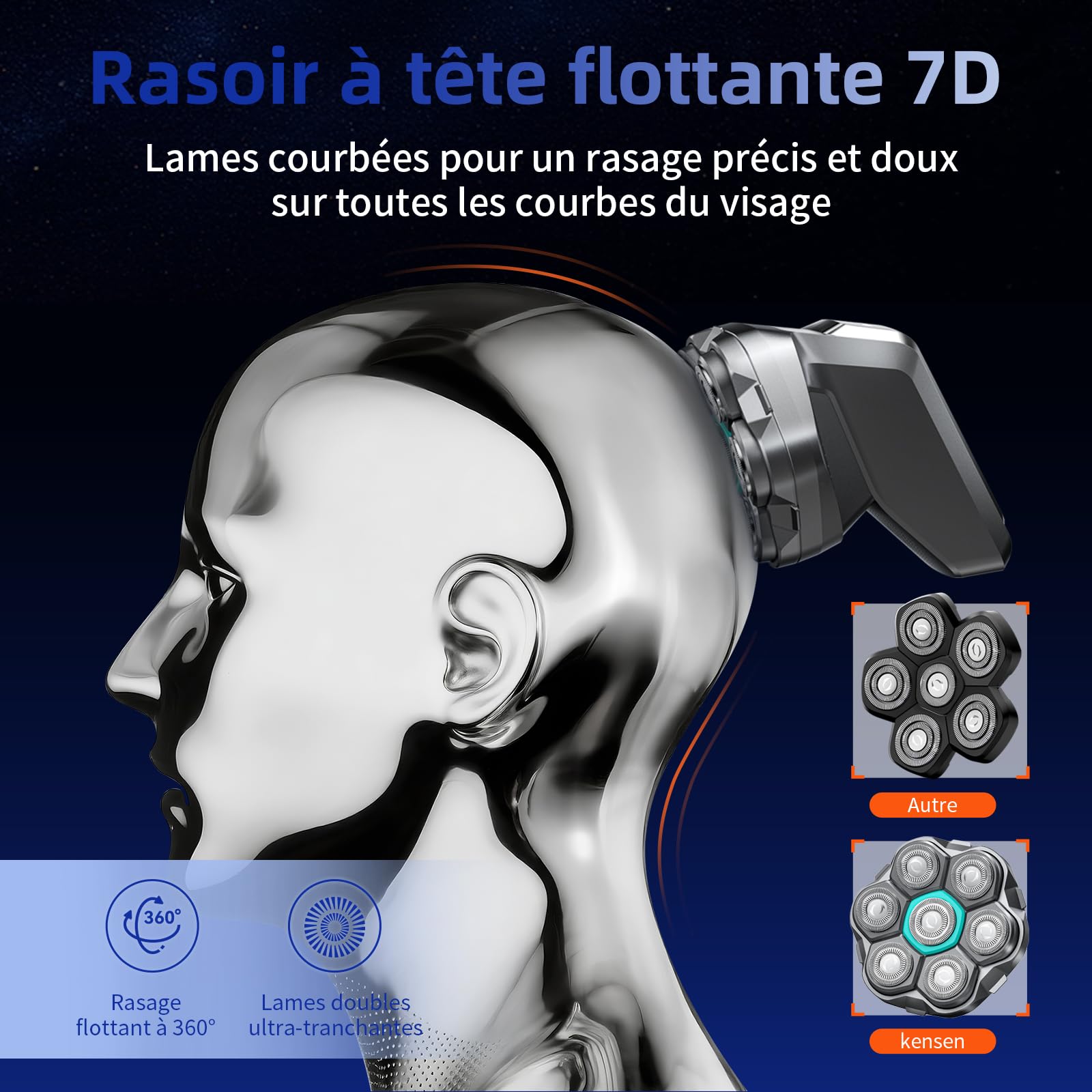 Kensen Rasoir Tete Chauve Homme 7D Rasoir Electriques Hommes 100 Mins d'Autonomie Tondeuse Crane Chauve IPX6 Étanche Sec & Humide Rasoir Crane Homme Chauve avec Écran LED，USB-C，8100 & 8500 tr/min