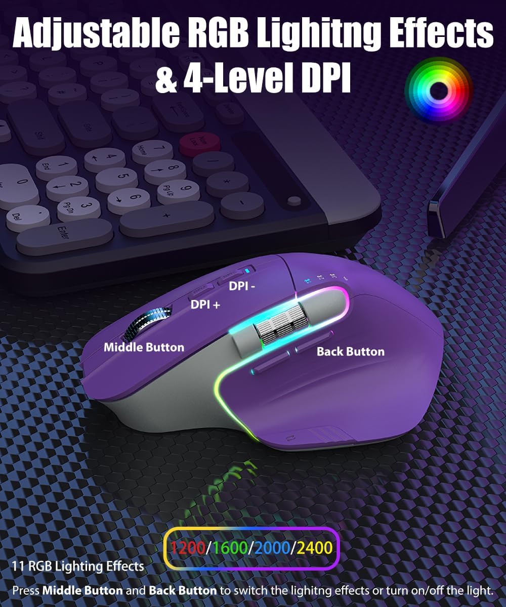 Wireless Gaming Mouse Tri-Mode 2.4Ghz/Bluetooth 5.2/Wired USB-C with Two Scroll Wheels RGB LED Backlit 4-Level DPI Rechargeable Ergonomic Optical Mice for Computer/Laptop/Office/Gamer, Purple