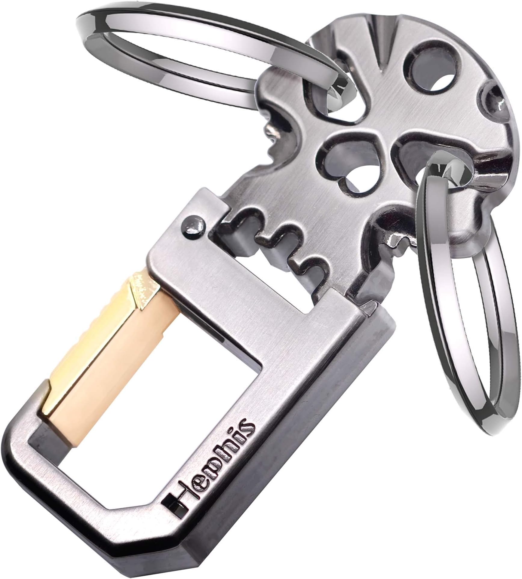 Hephis Durable Keychain with Handy Bottle Opener,Solid Key Management,Heavy Duty Car Key Chains for Men and Women(Wiredrawing Gun Black and Gold)