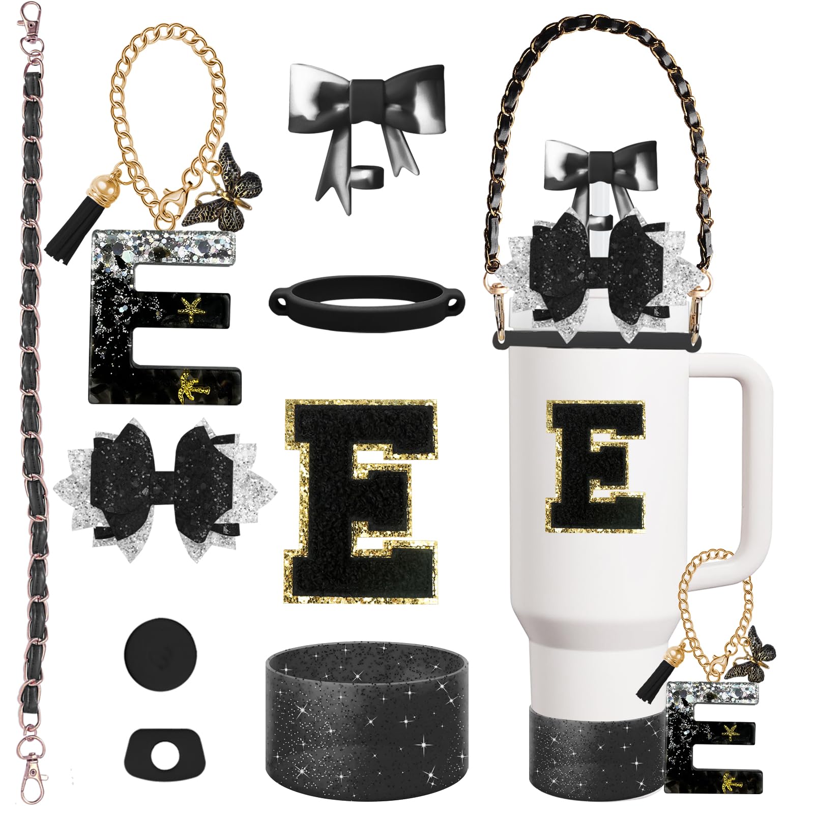 JINGSEN Stanley Cup Accessories,Shiny Set,Including Bow Straw Cover,Leather Water Bottle Handle Strap,Letter Charm and Other Accessories,Suitable for