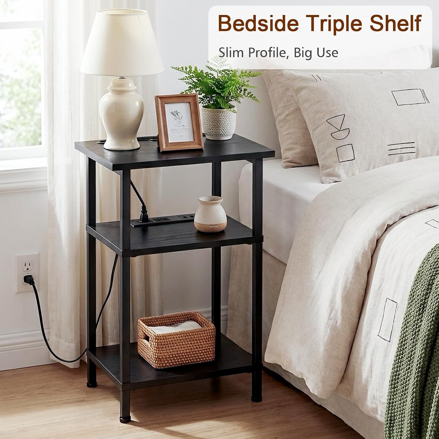 AMHANCIBLE Black Nightstands Set of 2, End Table with Charging Station and Phone Holder, Bedside Table with USB Ports & Outlets, Night Stands with 3-Tier Shelf for Bedroom, Living Room HET035BK