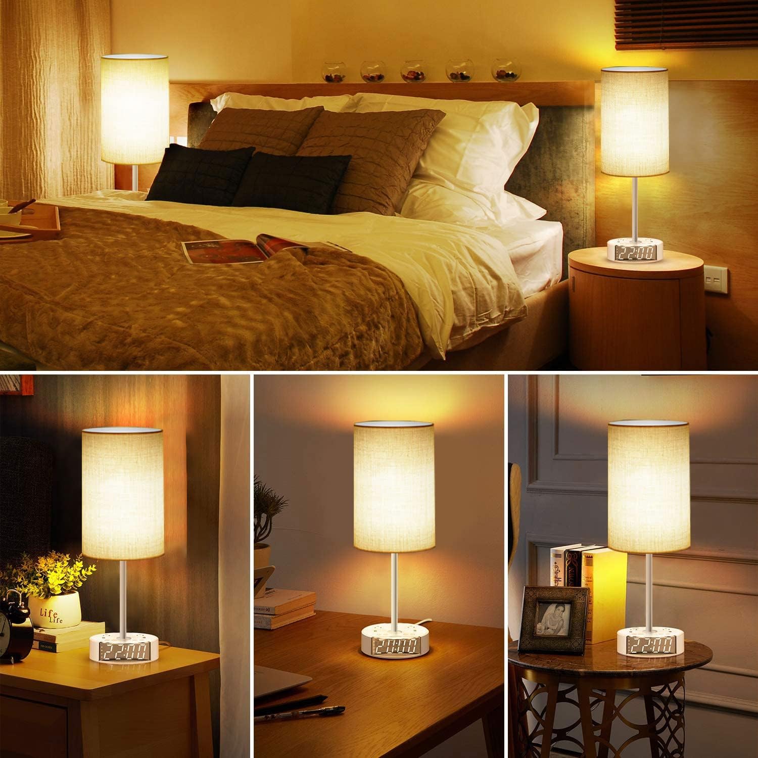Table Lamp with Alarm Clock, Touch Control Bedside Lamp with 2 AC Outlets & 2 USB Ports, Alarm Clock Charging Base, 6Ft Power Cord, 3 Level Brightness Modern Nightstand Lamps for Home Bedroom Dorm